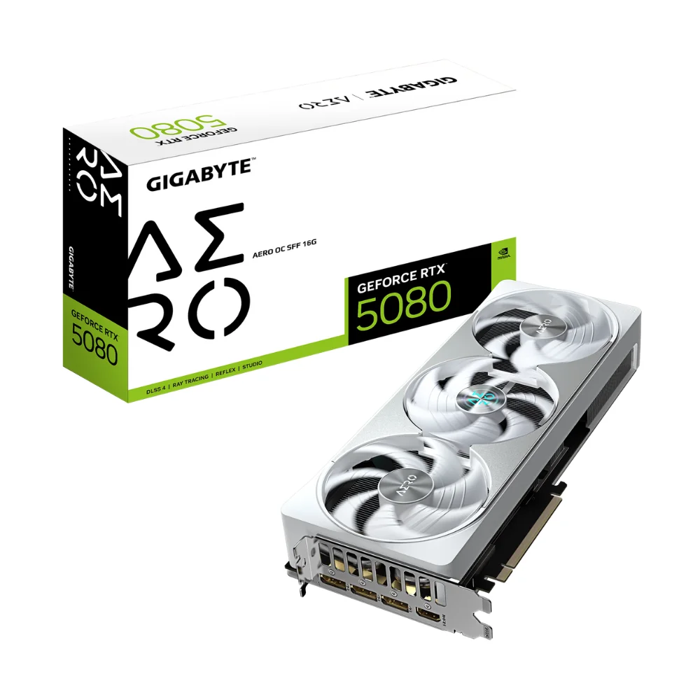 Gigabyte GeForce RTX 5080 AERO OC SFF 16GB – Karta a balenie s moderným bielym dizajnom Gigabyte GeForce RTX 5080 AERO OC SFF 16GB – Karta a balenie s moderným bielym dizajnom