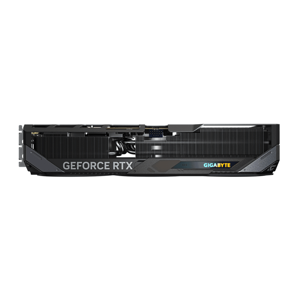 Gigabyte GeForce RTX 5080 GAMING OC 16G – Bočný pohľad na kartu s rgb nápisom Gigabyte Gigabyte GeForce RTX 5080 GAMING OC 16G – Bočný pohľad na kartu s rgb nápisom Gigabyte
