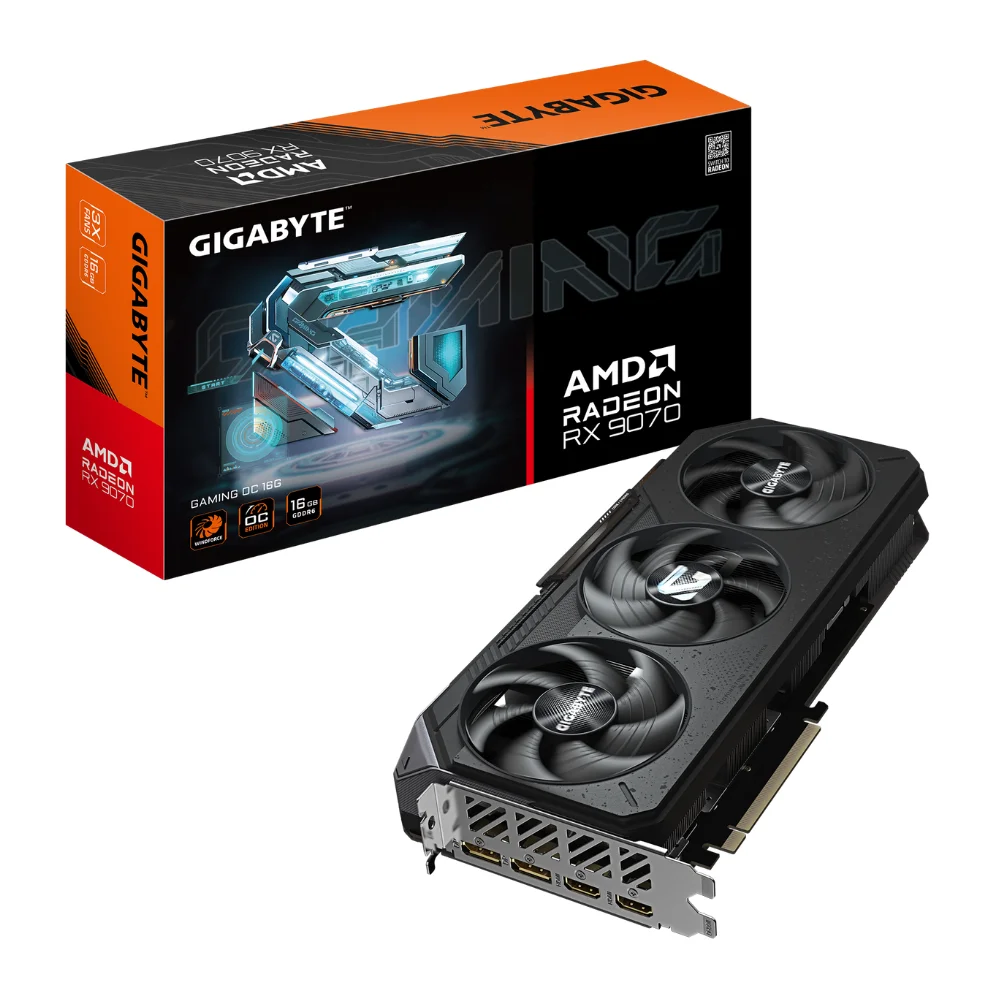Gigabyte Radeon RX 9070 GAMING OC 16GB – Balenie grafickej karty s pohľadom na trojventilátorový chladič Gigabyte Radeon RX 9070 GAMING OC 16GB – Balenie grafickej karty s pohľadom na trojventilátorový chladič