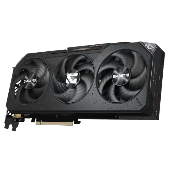Gigabyte Radeon RX 9070 GAMING OC 16GB – Šikmý pohľad na prednú časť grafickej karty s RGB logami