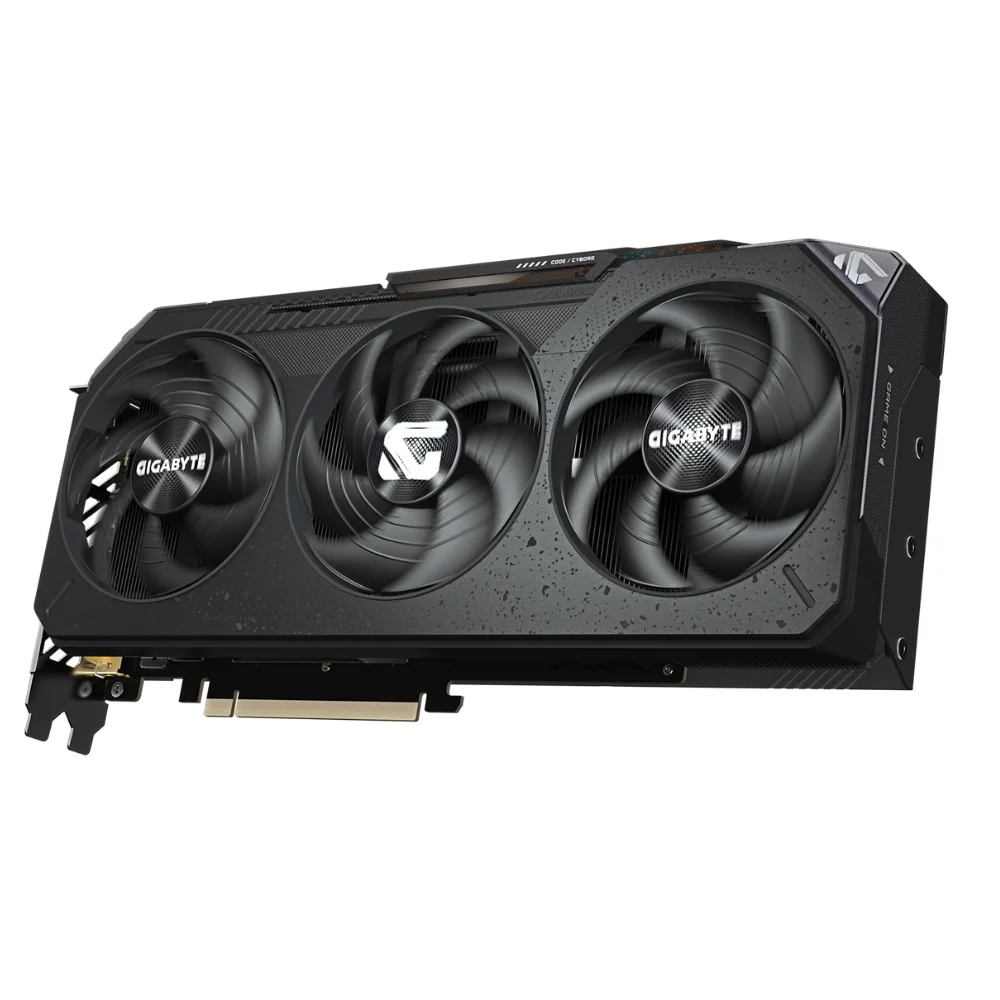 Gigabyte Radeon RX 9070 GAMING OC 16GB – Šikmý pohľad na prednú časť grafickej karty s RGB logami Gigabyte Radeon RX 9070 GAMING OC 16GB – Šikmý pohľad na prednú časť grafickej karty s RGB logami