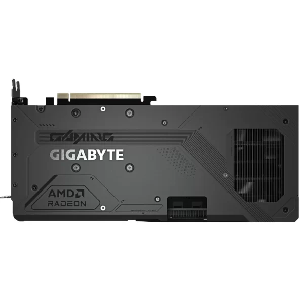 Gigabyte Radeon RX 9070 GAMING OC 16GB – Zadná časť karty s vystuženým backplatom a logom Gigabyte