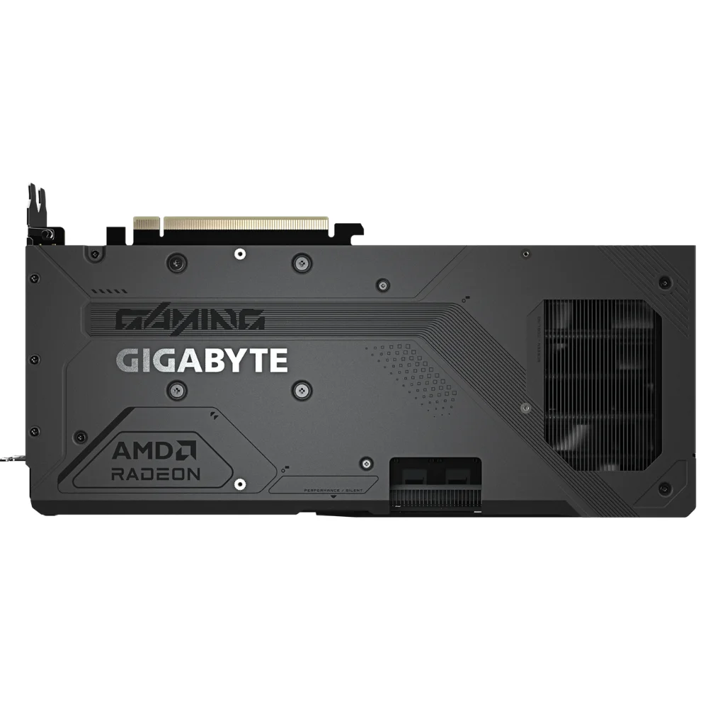 Gigabyte Radeon RX 9070 GAMING OC 16GB – Zadná časť karty s vystuženým backplatom a logom Gigabyte Gigabyte Radeon RX 9070 GAMING OC 16GB – Zadná časť karty s vystuženým backplatom a logom Gigabyte