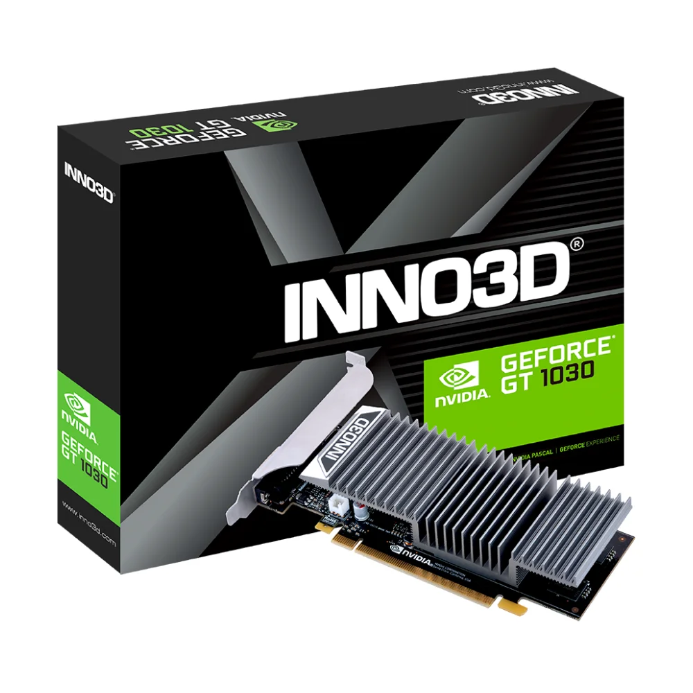 INNO3D GeForce GT 1030 2GB GDDR5 – balenie a grafická karta s pasívnym chladičom INNO3D GeForce GT 1030 2GB GDDR5 – balenie a grafická karta s pasívnym chladičom