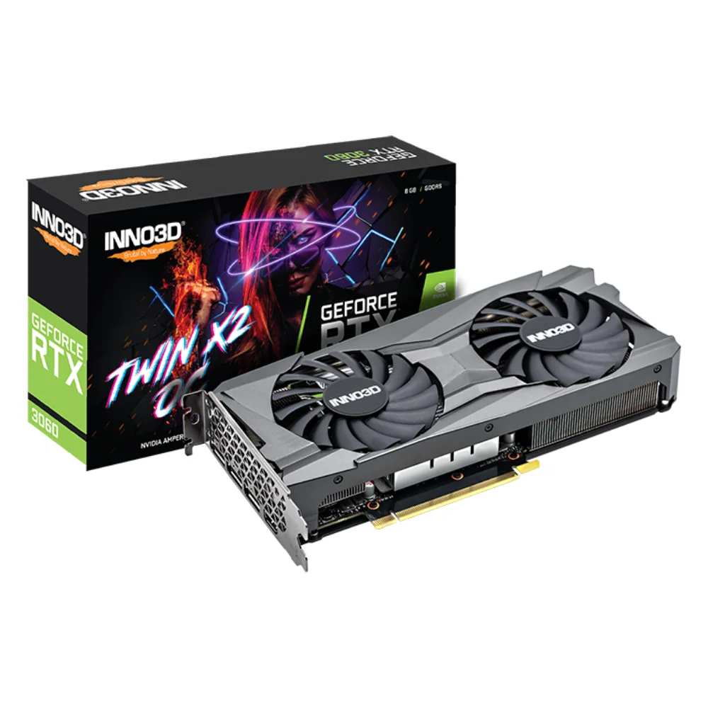 INNO3D GeForce RTX 3060 Twin X2 OC 8GB – Predný pohľad na kartu s obalom INNO3D GeForce RTX 3060 Twin X2 OC 8GB - Predný pohľad na kartu s obalom