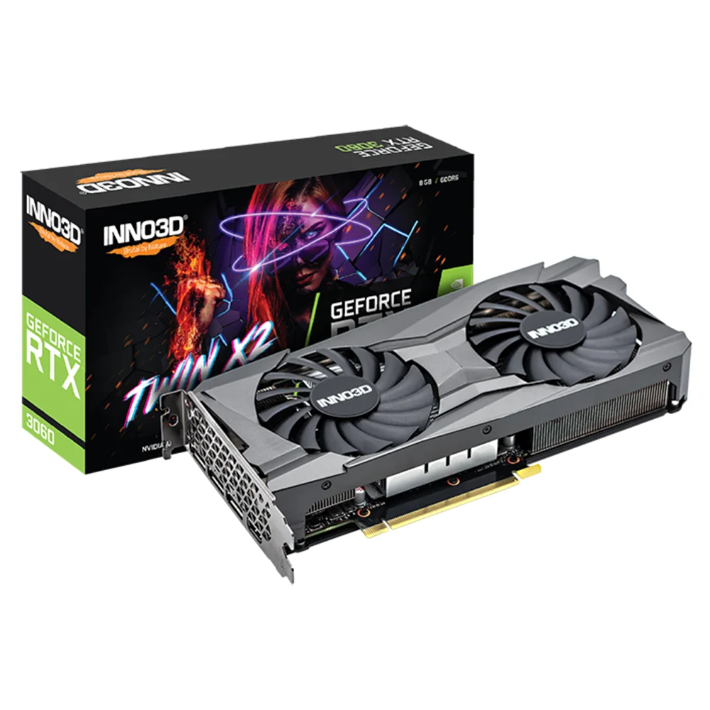Inno3D GeForce RTX 3060 8GB Twin X2 – Grafická karta pred krabicou s futuristickým dizajnom a nápisom Twin X2 Inno3D GeForce RTX 3060 8GB Twin X2 – Grafická karta pred krabicou s futuristickým dizajnom a nápisom Twin X2