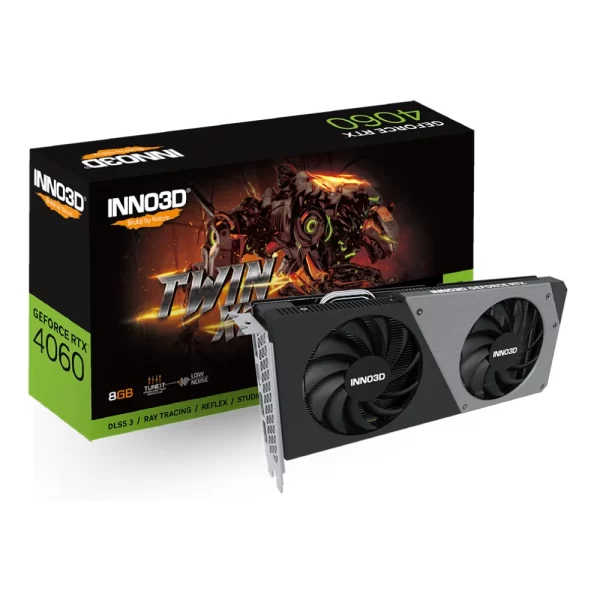 INNO3D GeForce RTX 4060 Ti 8GB TWIN X2 – Karta s balením, čierna a strieborná verzia s robotickým motívom na krabici