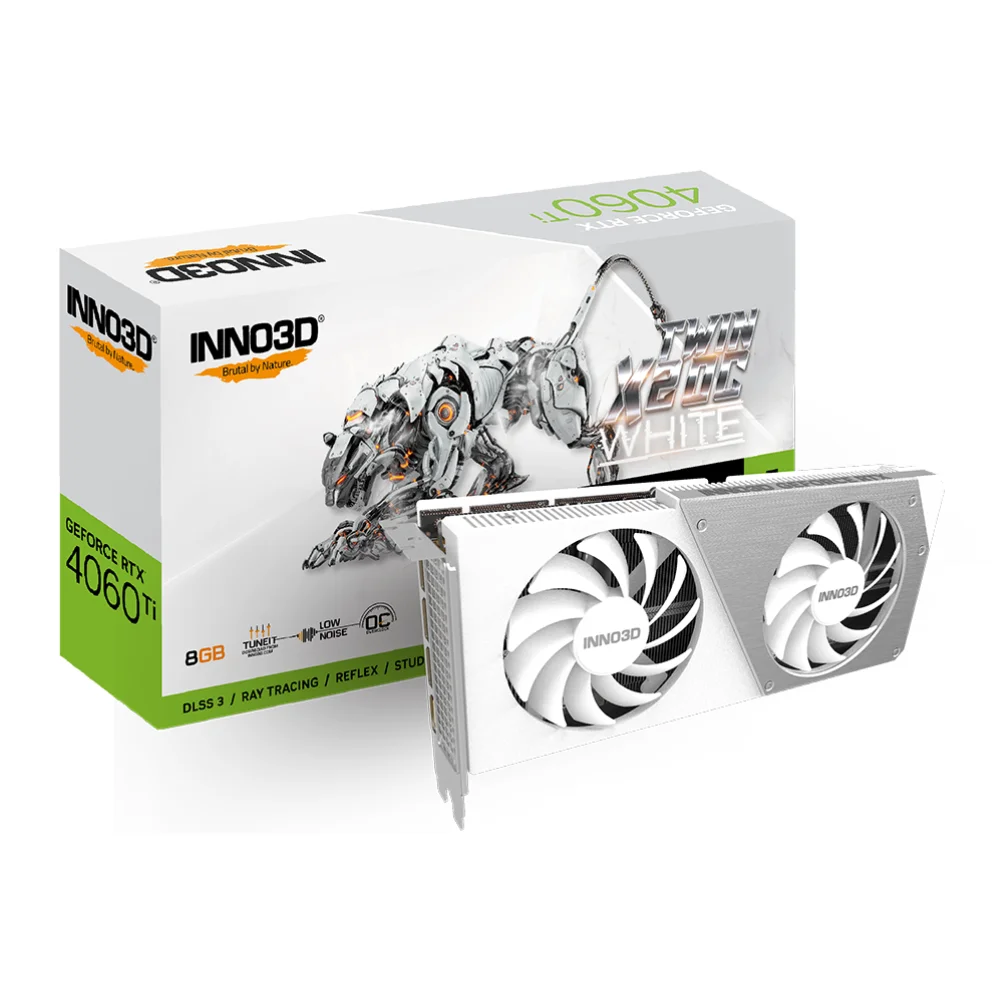 INNO3D GeForce RTX 4060 Ti 8GB TWIN X2 OC WHITE – grafická karta a balenie s futuristickým dizajnom INNO3D GeForce RTX 4060 Ti 8GB TWIN X2 OC WHITE – grafická karta a balenie s futuristickým dizajnom