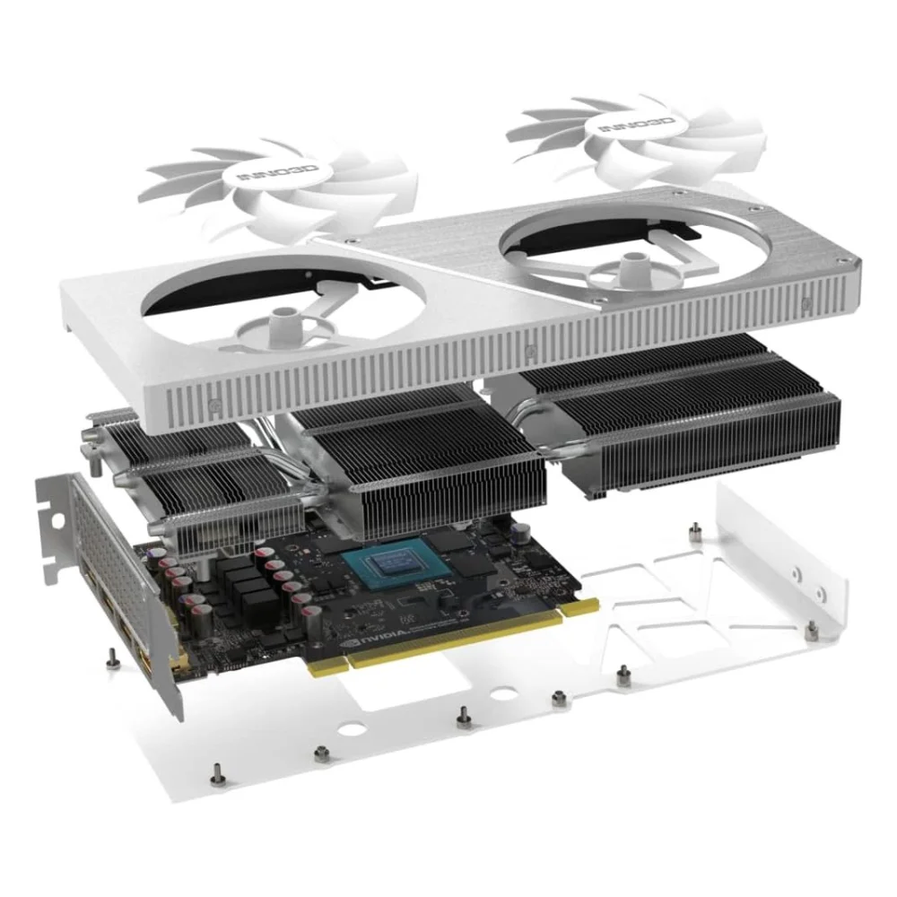 INNO3D GeForce RTX 4060 Ti 8GB TWIN X2 OC WHITE – rozobraný pohľad na komponenty grafickej karty INNO3D GeForce RTX 4060 Ti 8GB TWIN X2 OC WHITE – rozobraný pohľad na komponenty grafickej karty
