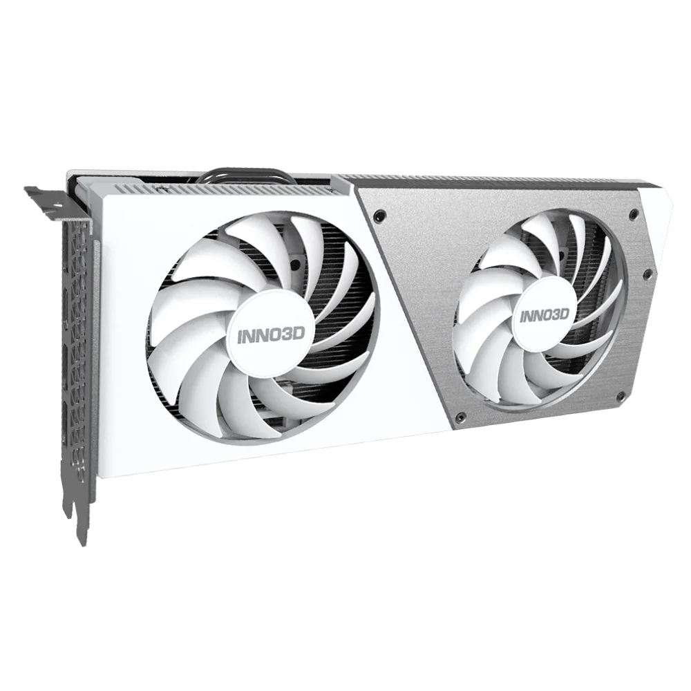 Inno3D GeForce RTX 4060 Twin X2 OC White 8GB – detailný pohľad na grafickú kartu so strieborným a bielym chladičom Inno3D GeForce RTX 4060 Twin X2 OC White 8GB – detailný pohľad na grafickú kartu so strieborným a bielym chladičom
