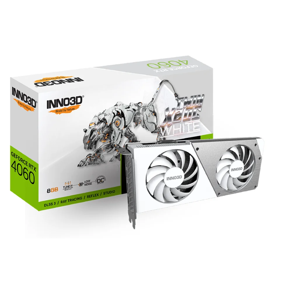 Inno3D GeForce RTX 4060 Twin X2 OC White 8GB – grafická karta s dvoma bielymi ventilátormi a balením Inno3D GeForce RTX 4060 Twin X2 OC White 8GB – grafická karta s dvoma bielymi ventilátormi a balením