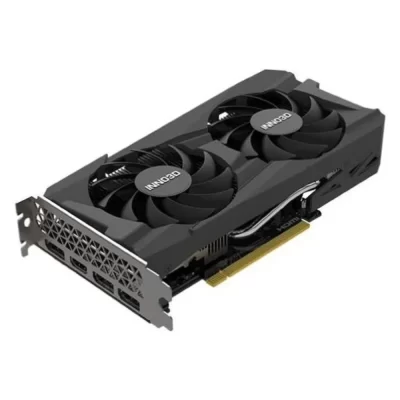 Inno3D GeForce RTX 4060 Twin X2 8GB – Sklonený pohľad zobrazujúci výstupy a PCIe konektor
