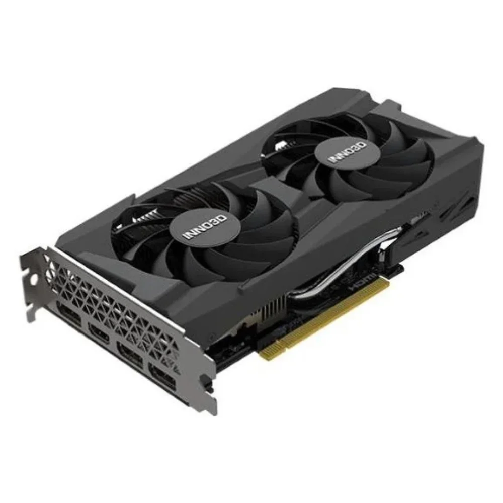 Inno3D GeForce RTX 4060 Twin X2 8GB – Sklonený pohľad zobrazujúci výstupy a PCIe konektor Inno3D GeForce RTX 4060 Twin X2 8GB – Sklonený pohľad zobrazujúci výstupy a PCIe konektor