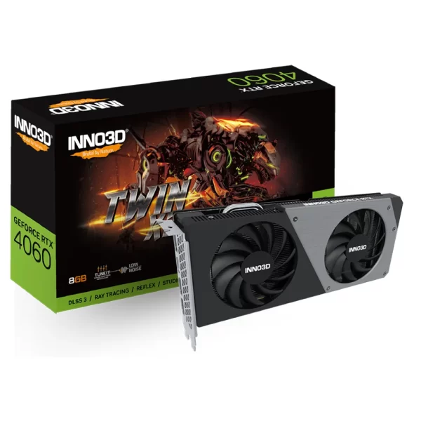 Inno3D GeForce RTX 4060 Twin X2 8GB – Zobrazenie karty s dvoma ventilátormi a balením