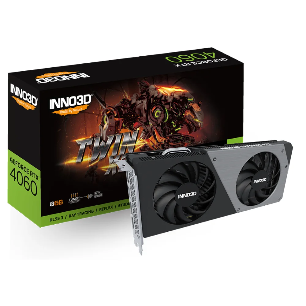 Inno3D GeForce RTX 4060 Twin X2 8GB – Zobrazenie karty s dvoma ventilátormi a balením Inno3D GeForce RTX 4060 Twin X2 8GB – Zobrazenie karty s dvoma ventilátormi a balením