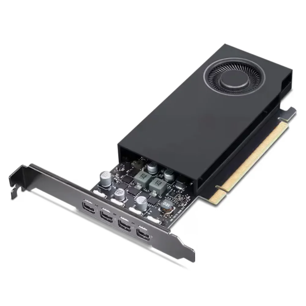 Lenovo NVIDIA RTX A1000 8GB – Šikmý predný pohľad vľavo zobrazujúci PCB a konektory Lenovo NVIDIA RTX A1000 8GB – Šikmý predný pohľad vľavo zobrazujúci PCB a konektory