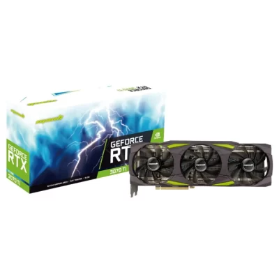 Manli GeForce RTX 3070 Ti Gallardo – Grafická karta s trojventilátorovým chladičom a krabicou s motívom bleskov