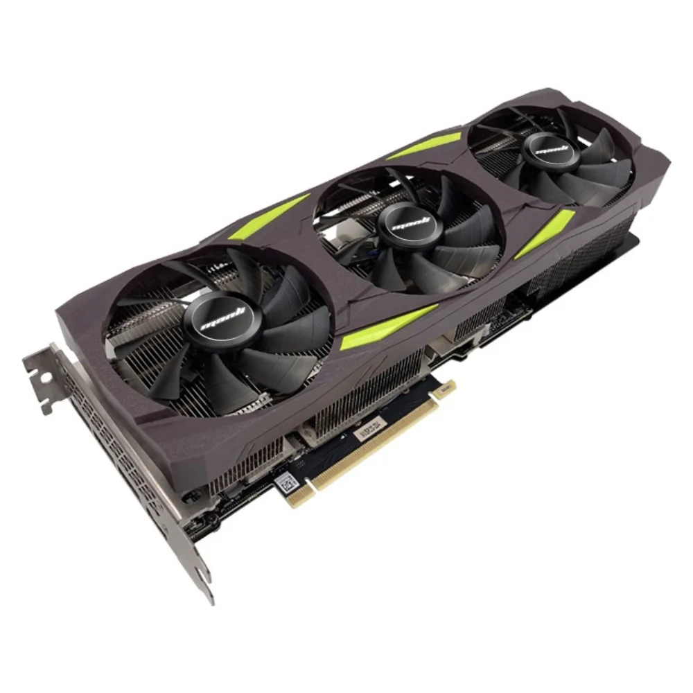 Manli GeForce RTX 3070 Ti Gallardo – Predný pohľad na trojventilátorový chladič s čierno-zeleným dizajnom Manli GeForce RTX 3070 Ti Gallardo – Predný pohľad na trojventilátorový chladič s čierno-zeleným dizajnom