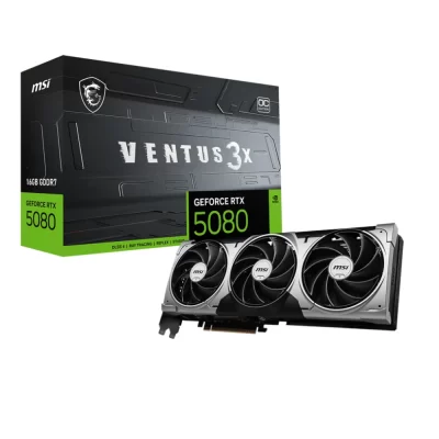 MSI GeForce RTX 5080 16G Ventus 3X OC – Balenie karty s produktom z prednej strany