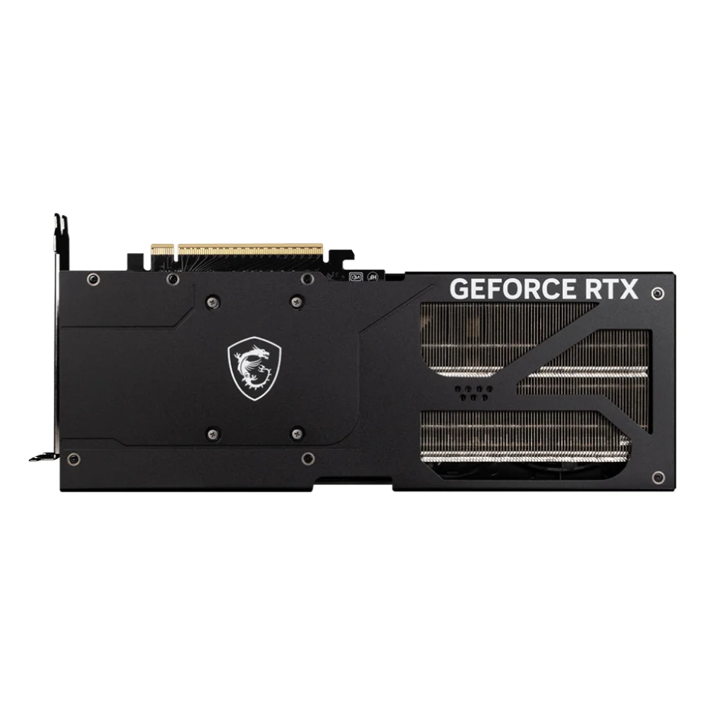 MSI GeForce RTX 5080 16G Ventus 3X OC – Zadný backplate karty s logom MSI a chladičmi MSI GeForce RTX 5080 16G Ventus 3X OC – Zadný backplate karty s logom MSI a chladičmi