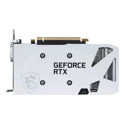 MSI GeForce RTX 3050 VENTUS 2X XS WHITE 8G OC – pohľad na zadnú stranu grafickej karty s bielym kovovým backplateom a logom draka