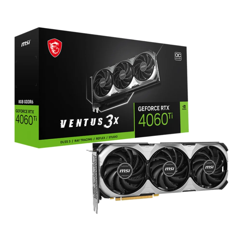 MSI GeForce RTX 4060 Ti VENTUS 3X 8G OC – Balenie a grafická karta s tromi ventilátormi v pohľade zpredu MSI GeForce RTX 4060 Ti VENTUS 3X 8G OC – Balenie a grafická karta s tromi ventilátormi v pohľade zpredu