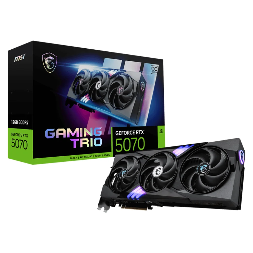MSI GeForce RTX 5070 12G GAMING TRIO OC – balenie a grafická karta s RGB podsvietením MSI GeForce RTX 5070 12G GAMING TRIO OC – balenie a grafická karta s RGB podsvietením