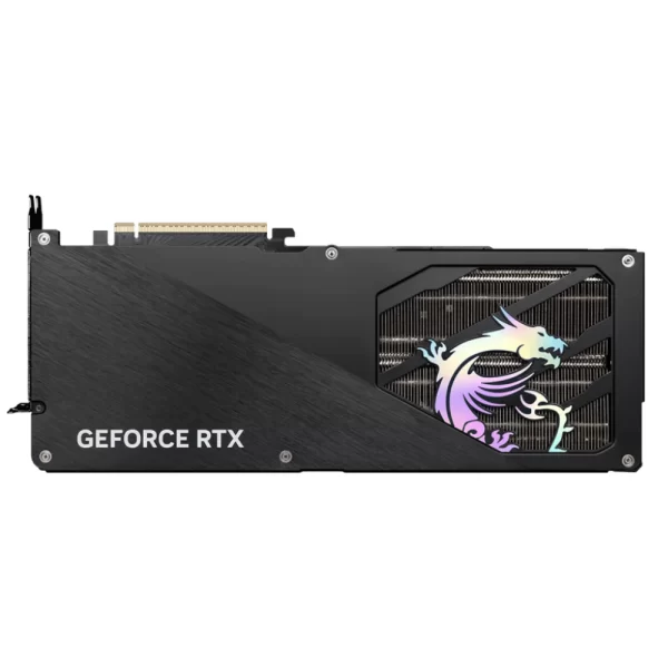 MSI GeForce RTX 5070 12G GAMING TRIO OC – zadná strana karty s RGB logom draka a kovovým backplate