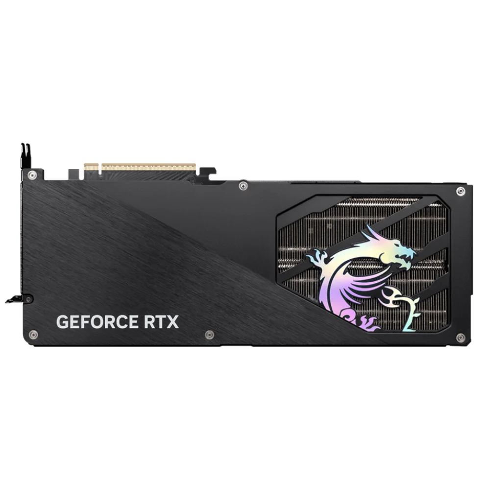 MSI GeForce RTX 5070 12G GAMING TRIO OC – zadná strana karty s RGB logom draka a kovovým backplate MSI GeForce RTX 5070 12G GAMING TRIO OC – zadná strana karty s RGB logom draka a kovovým backplate