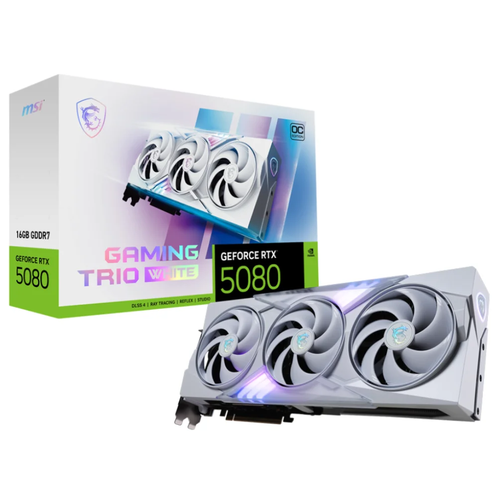 MSI GeForce RTX 5080 16G GAMING TRIO OC WHITE – Grafická karta položená pred originálnym balením s nápisom GAMING TRIO WHITE MSI GeForce RTX 5080 16G GAMING TRIO OC WHITE – Grafická karta položená pred originálnym balením s nápisom GAMING TRIO WHITE