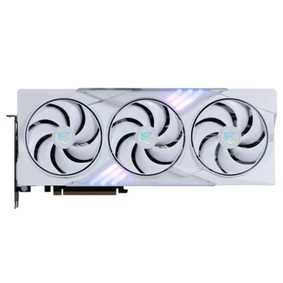 MSI GeForce RTX 5080 16G GAMING TRIO OC WHITE – Predný pohľad na grafickú kartu s tromi ventilátormi a podsvieteným logom MSI
