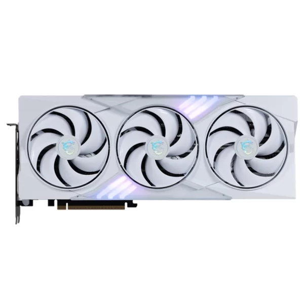 MSI GeForce RTX 5080 16G GAMING TRIO OC WHITE – Predný pohľad na grafickú kartu s tromi ventilátormi a podsvieteným logom MSI