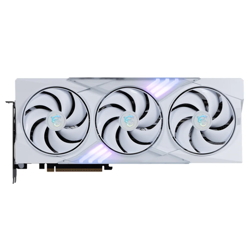 MSI GeForce RTX 5080 16G GAMING TRIO OC WHITE – Predný pohľad na grafickú kartu s tromi ventilátormi a podsvieteným logom MSI MSI GeForce RTX 5080 16G GAMING TRIO OC WHITE – Predný pohľad na grafickú kartu s tromi ventilátormi a podsvieteným logom MSI