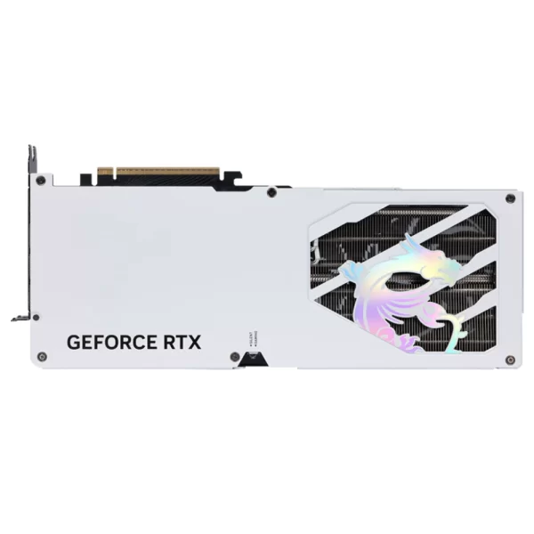 MSI GeForce RTX 5080 16G GAMING TRIO OC WHITE – Zadná strana karty s výrazným holografickým drakom MSI a chladiacim výrezom