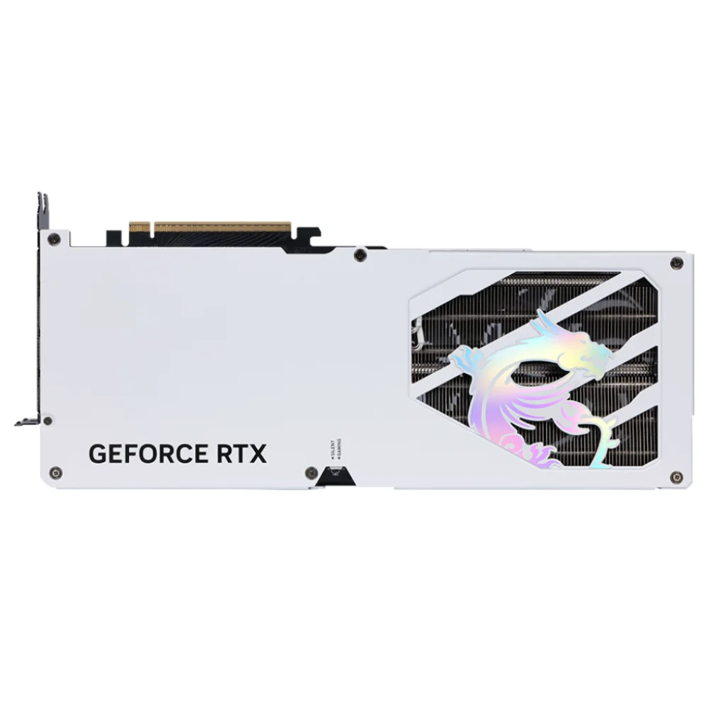 MSI GeForce RTX 5080 16G GAMING TRIO OC WHITE – Zadná strana karty s výrazným holografickým drakom MSI a chladiacim výrezom MSI GeForce RTX 5080 16G GAMING TRIO OC WHITE – Zadná strana karty s výrazným holografickým drakom MSI a chladiacim výrezom