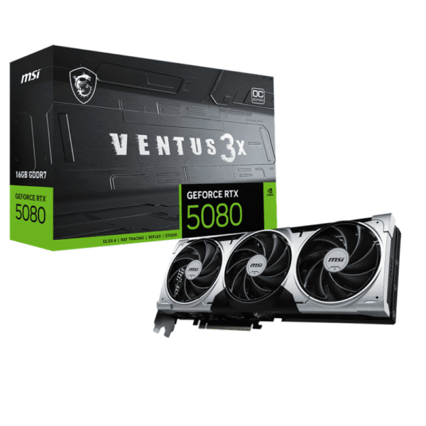 MSI GeForce RTX 5080 16G VENTUS 3X OC PLUS  – Produktové balenie s grafickou kartou