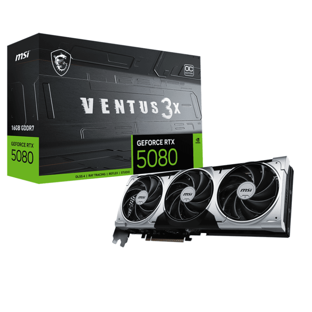 MSI GeForce RTX 5080 16G VENTUS 3X OC PLUS – Produktové balenie s grafickou kartou MSI GeForce RTX 5080 16G VENTUS 3X OC PLUS – Produktové balenie s grafickou kartou
