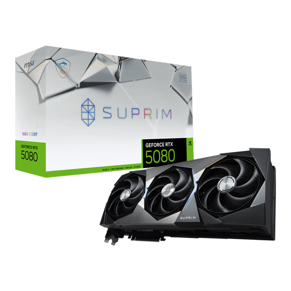 MSI GeForce RTX 5080 16G SUPRIM SOC – Balenie grafickej karty s produktom a vodným chladením v popredí MSI GeForce RTX 5080 16G SUPRIM SOC – Balenie grafickej karty s produktom a vodným chladením v popredí