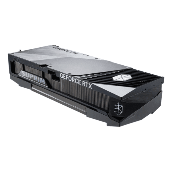 MSI GeForce RTX 5080 16G SUPRIM SOC – Bočný pohľad na kartu s podsvieteným logom SUPRIM