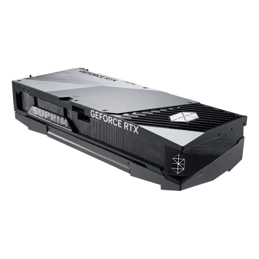 MSI GeForce RTX 5080 16G SUPRIM SOC – Bočný pohľad na kartu s podsvieteným logom SUPRIM MSI GeForce RTX 5080 16G SUPRIM SOC – Bočný pohľad na kartu s podsvieteným logom SUPRIM