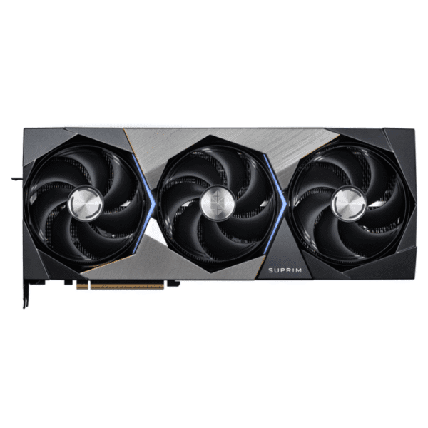 MSI GeForce RTX 5080 16G SUPRIM SOC – Masívny chladič grafickej karty z prednej perspektívy
