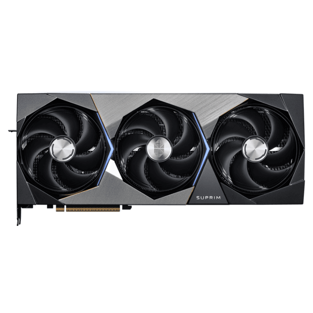 MSI GeForce RTX 5080 16G SUPRIM SOC – Masívny chladič grafickej karty z prednej perspektívy MSI GeForce RTX 5080 16G SUPRIM SOC – Masívny chladič grafickej karty z prednej perspektívy