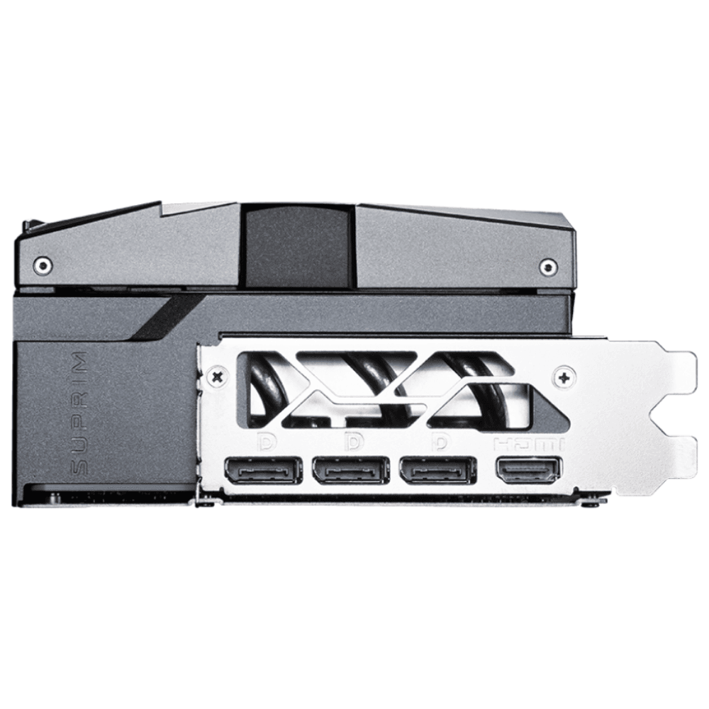 MSI GeForce RTX 5080 16G SUPRIM SOC – Zadný panel grafickej karty s tromi portami DisplayPort a jedným HDMI MSI GeForce RTX 5080 16G SUPRIM SOC – Zadný panel grafickej karty s tromi portami DisplayPort a jedným HDMI