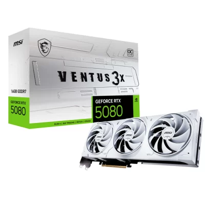 MSI GeForce RTX 5080 16GB Ventus 3X OC White – Balenie s grafickou kartou v bielej farbe