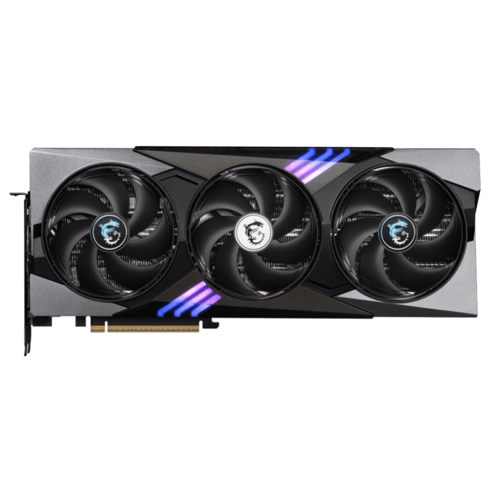MSI GeForce RTX 5080 16G GAMING TRIO OC – Pohľad na kartu s RGB osvetlením a tromi ventilátormi MSI GeForce RTX 5080 16G GAMING TRIO OC – Pohľad na kartu s RGB osvetlením a tromi ventilátormi