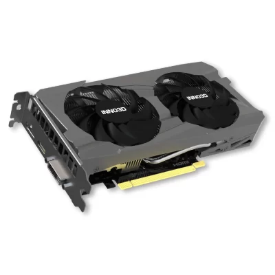 Inno3D GeForce RTX 3050 Twin X2 8GB – Dvojventilátorová grafická karta s kovovým šedým chladičom z predného pohľadu