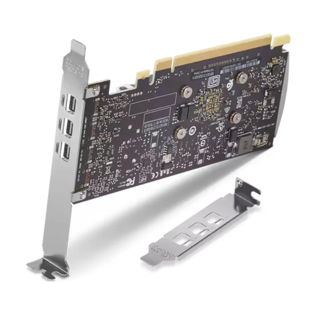 Lenovo NVIDIA T400 4GB – Zadný pohľad na PCB a výstupy grafickej karty vrátane bracketov pre rôzne výšky šasi Lenovo NVIDIA T400 4GB – Zadný pohľad na PCB a výstupy grafickej karty vrátane bracketov pre rôzne výšky šasi