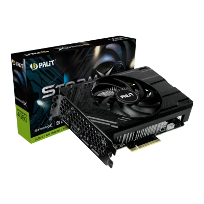 Palit GeForce RTX 4060 Ti StormX 8GB – Grafická karta s ventilátorom a krabicou v pozadí