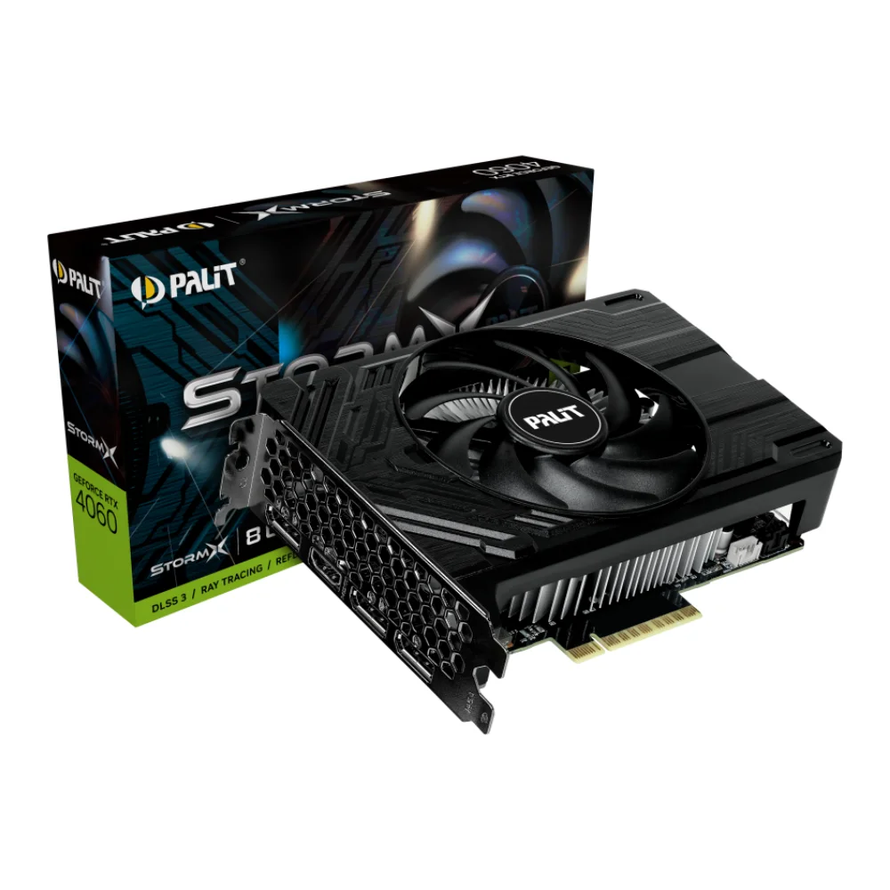 Palit GeForce RTX 4060 Ti StormX 8GB – Grafická karta s ventilátorom a krabicou v pozadí Palit GeForce RTX 4060 Ti StormX 8GB – Grafická karta s ventilátorom a krabicou v pozadí