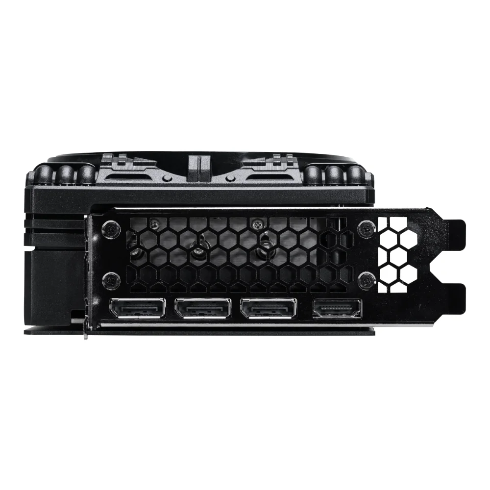 Palit GeForce RTX 5070 GamingPro OC 12 GB – Výstupné porty na zadnej strane s kovovým krytom a sieťkou Palit GeForce RTX 5070 GamingPro OC 12 GB – Výstupné porty na zadnej strane s kovovým krytom a sieťkou